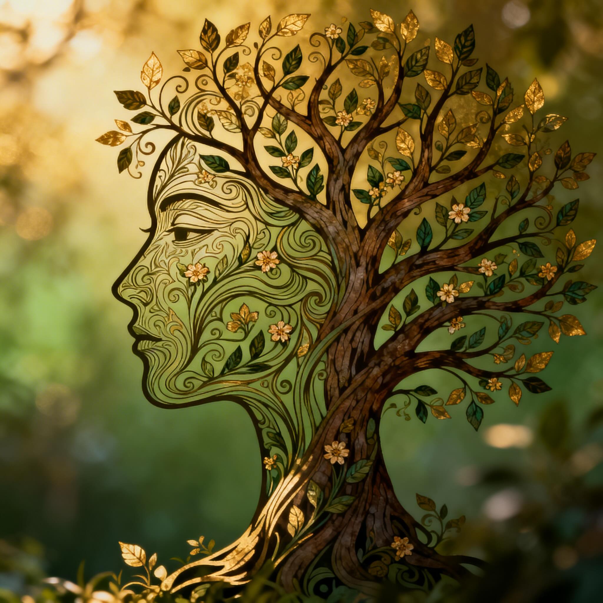 Illustration of a human profile in shades of green and gold that morphs into the trunk and branches of a flowering tree, symbolizing the projective tree drawing personality test.