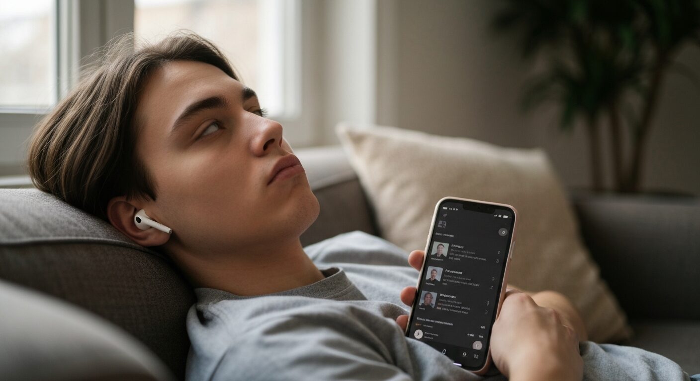 A young person with earbuds looking bored, phone showing a music playlist nearby