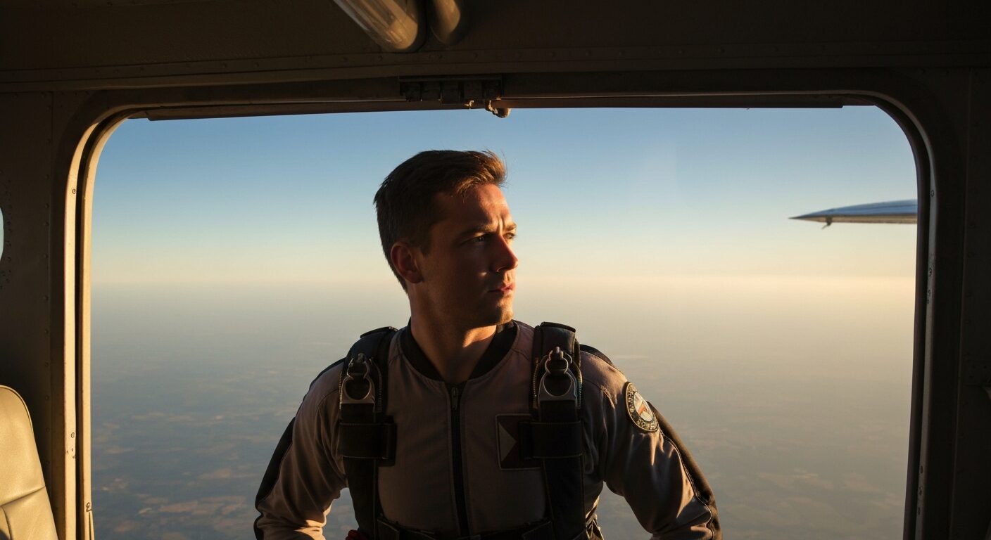 A skydiver standing calmly in the open door of a plane, looking out at the sky