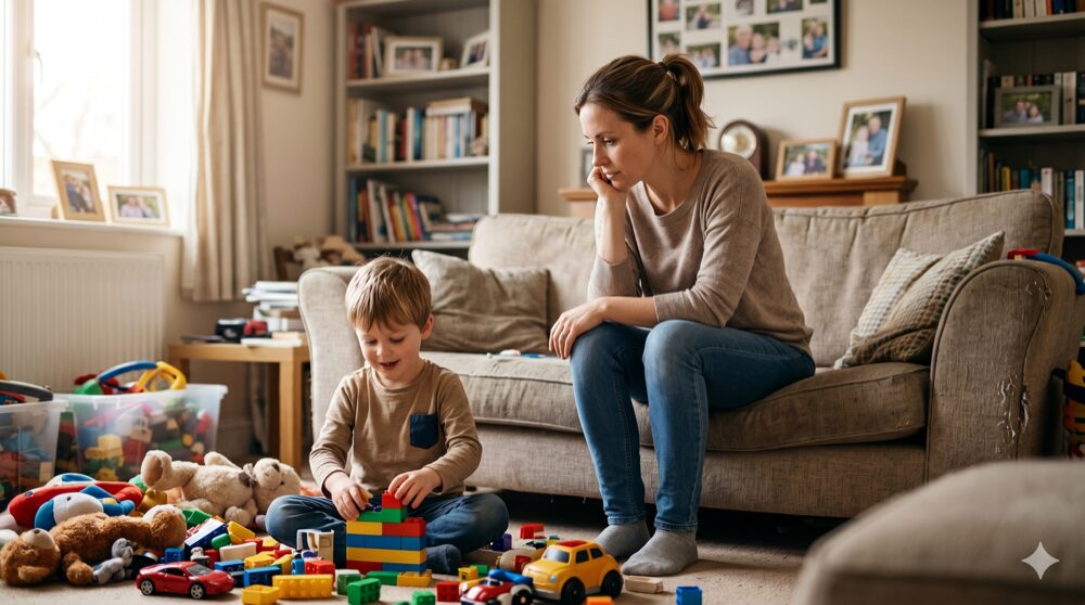 A woman sits on a couch with a worried expression, watching a young boy play with building blocks on a floor covered in toys and stuffed animals in a cluttered living room.