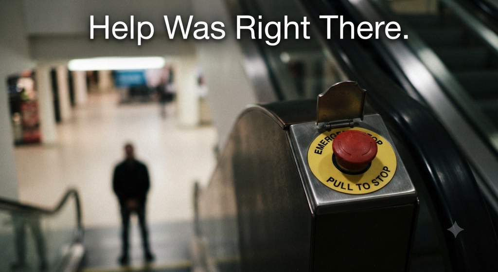 Photograph of a red emergency stop button labeled "Emergency Stop – Pull to Stop" mounted at the top of an escalator, with a blurred figure standing alone at the bottom of the stairs in the background and the overlaid headline "Help Was Right There."