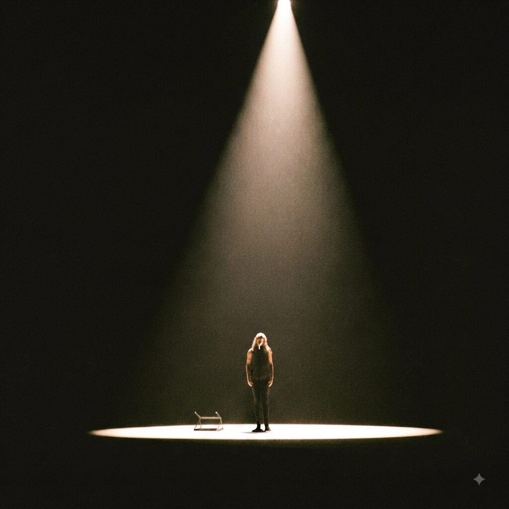 A lone stand-up comedian standing silent in a single spotlight on a dark stage, holding the pause before the punchline.