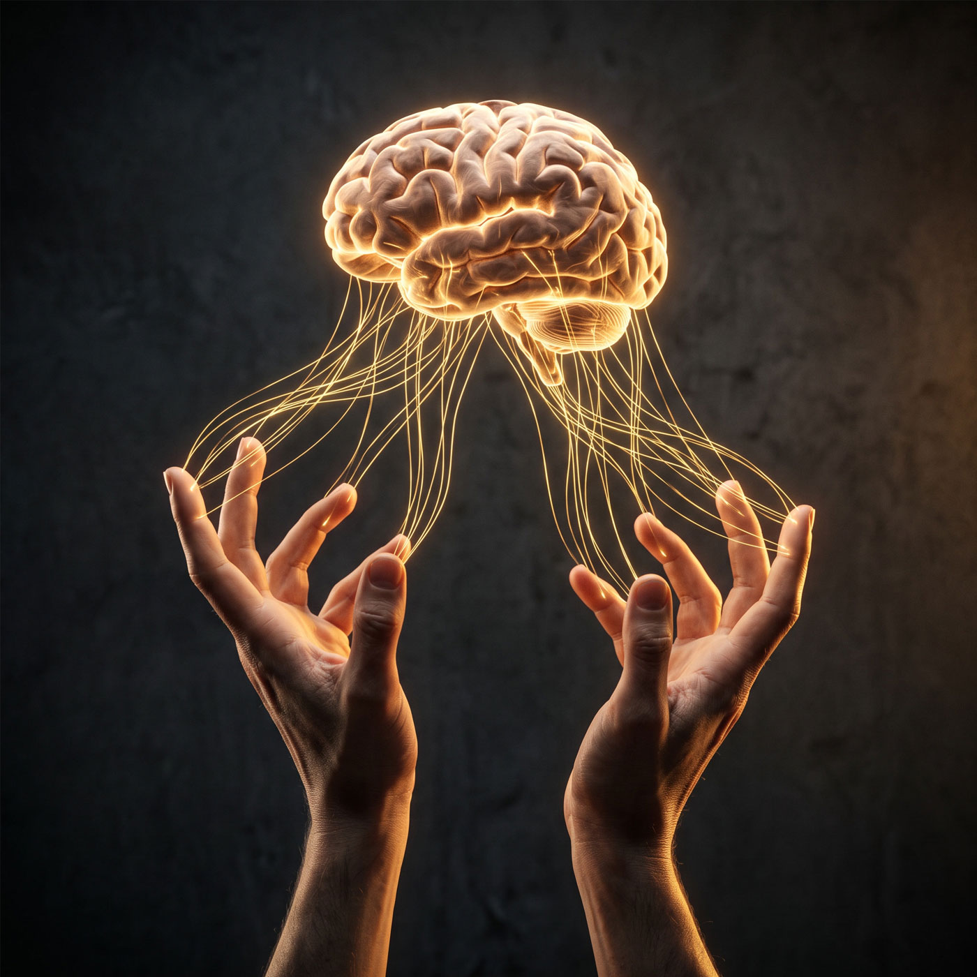 Digital illustration of a glowing human brain suspended above two upturned open hands, with luminous threads extending from the brain down to each fingertip against a dark background.