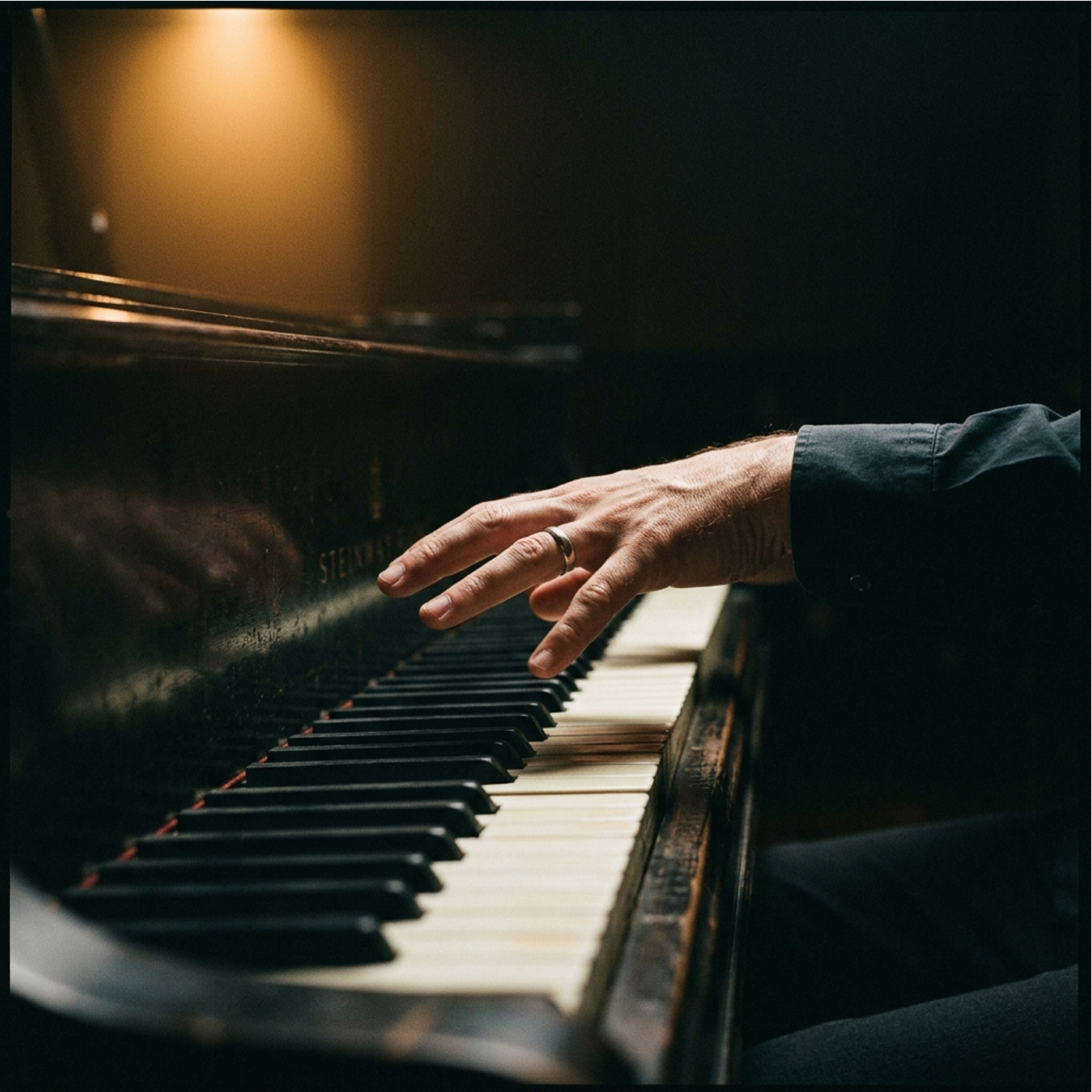 Close-up photograph of a person's right hand, wearing a ring and a dark long-sleeved shirt, resting lightly on the keys of a black grand piano in a dimly lit room with warm light in the background.