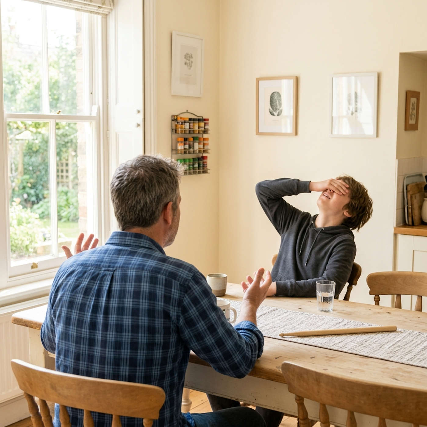 A father seen from behind gestures with both hands across a sunlit kitchen table while a teenager tips his head back and covers his eyes with one hand, groaning at a dad joke. A wooden drumstick lies on the table between them.
